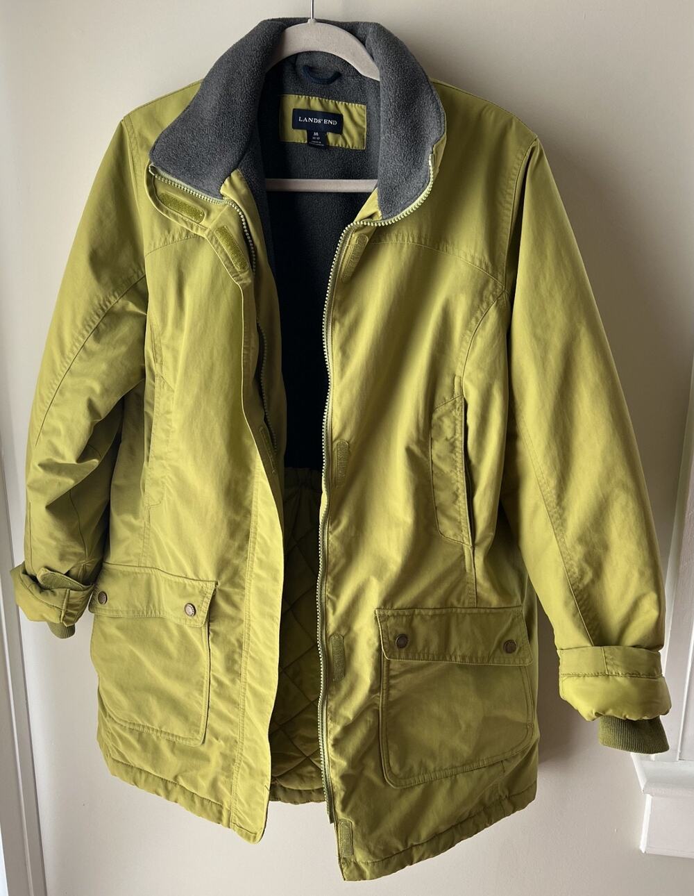 Lands End WindCheck ThermaCheck Gorpcore Parka Womens M Chartreuse Fleece Hood